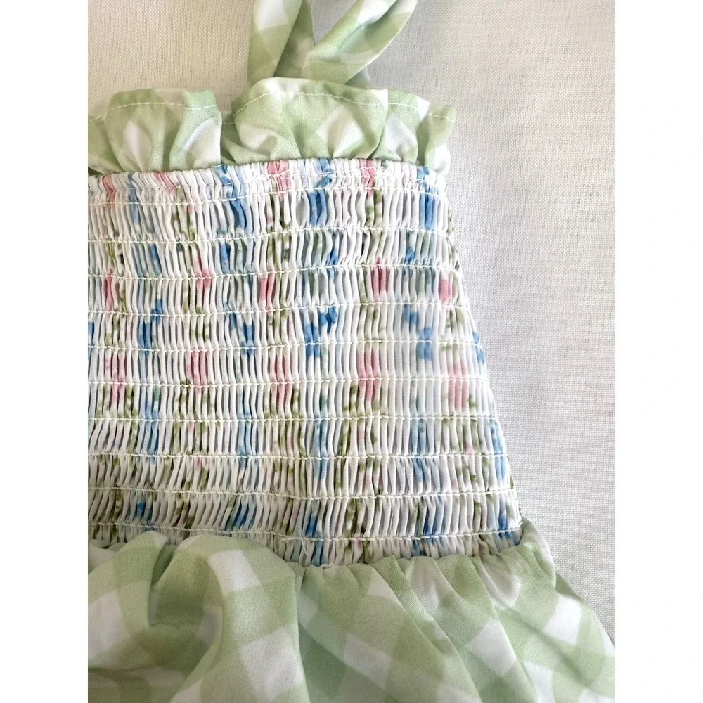 Southern Darlin' Smocks Green Check‎ Floral Smocked Tiered Dress Girls Size 6